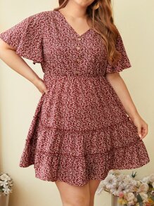 SHEIN VCAY Plus 1pc Allover Plants Print Ruffle Hem Dress - Red and White - View 7