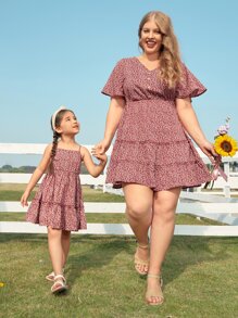 SHEIN VCAY Plus 1pc Allover Plants Print Ruffle Hem Dress - Red and White - View 6