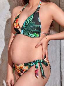 SHEIN Maternity Tropical Print Halter Bikini Set Summer Beach - Multicolor - View 1