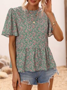 Breezaya 满身花卉印花 蝴蝶袖 海滩荷叶边衬衫 荷叶边上衣 - 綠色 - 查看 4