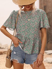 Breezaya 满身花卉印花 蝴蝶袖 海滩荷叶边衬衫 荷叶边上衣 - 綠色 - 查看 6