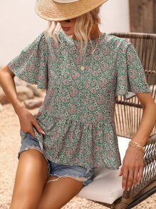 Breezaya 满身花卉印花 蝴蝶袖 海滩荷叶边衬衫 荷叶边上衣 - 綠色 - 查看 7