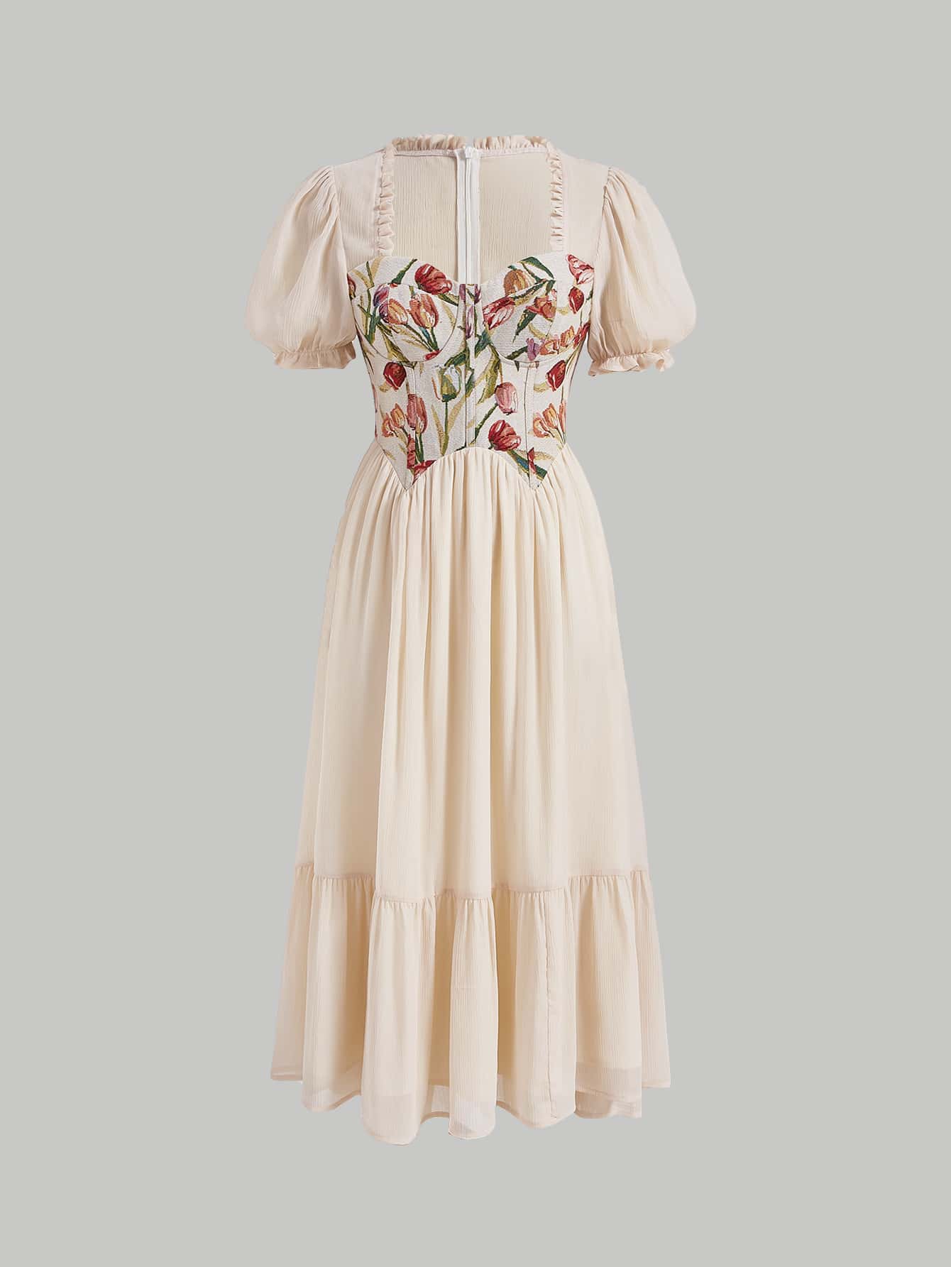 SHEIN MOD Floral Print Sweetheart Neck Puff Sleeve Ruffle Hem Dress - Beige - View 1