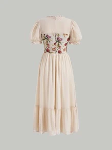 SHEIN MOD Floral Print Sweetheart Neck Puff Sleeve Ruffle Hem Dress - Beige - View 2