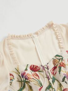 SHEIN MOD Floral Print Sweetheart Neck Puff Sleeve Ruffle Hem Dress - Beige - View 3