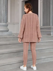 SHEIN 青少年女孩落肩袖下擺開叉上衣和緊身褲套裝 - 藕粉色 - 查看 2