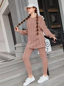 SHEIN 青少年女孩落肩袖下擺開叉上衣和緊身褲套裝 - 藕粉色 - 查看 6