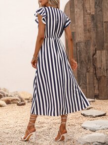 SHEIN VCAY Striped Print Butterfly Sleeve Dress - Blue and White - View 2