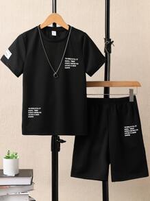 SHEIN Tween Boy Slogan Graphic Tee & Shorts - Black - View 2