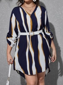 SHEIN Clasi Plus Wave Striped Print Roll-up Sleeve Dress Without Belt - Multicolor - View 1