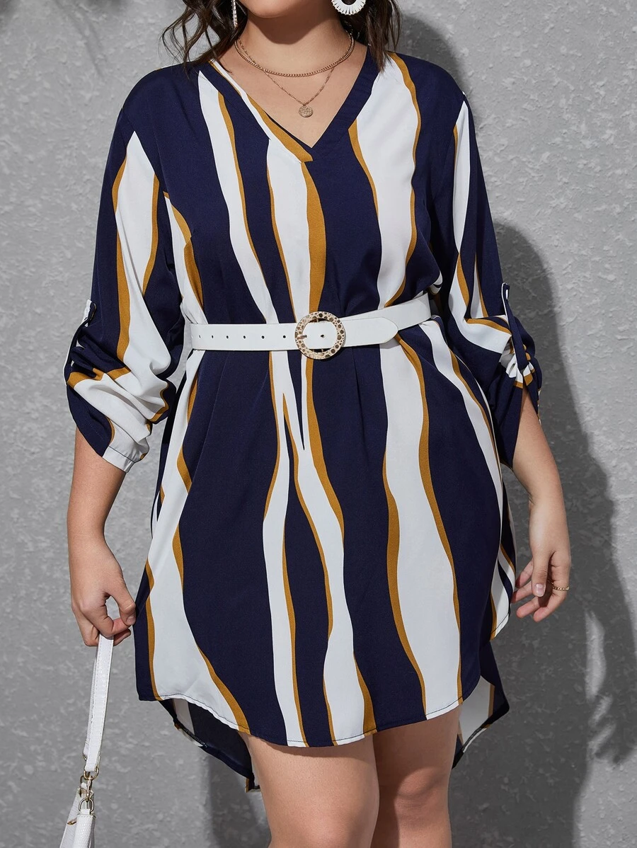 SHEIN Clasi Plus Wave Striped Print Roll-up Sleeve Dress Without Belt - Multicolor - View 1