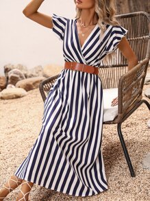 SHEIN VCAY Striped Print Butterfly Sleeve Dress - Blue and White - View 3