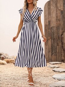 SHEIN VCAY Striped Print Butterfly Sleeve Dress - Blue and White - View 5