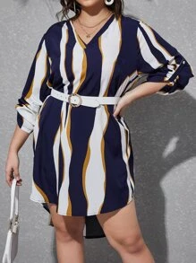 SHEIN Clasi Plus Wave Striped Print Roll-up Sleeve Dress Without Belt - Multicolor - View 5