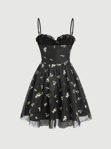 SHEIN MOD Floral Embroidery Mesh Cami Dress - Black - View 2