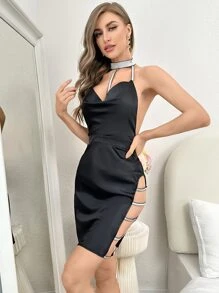 Ladder Cut Out Satin Halter Sleep Dress - Black - View 2