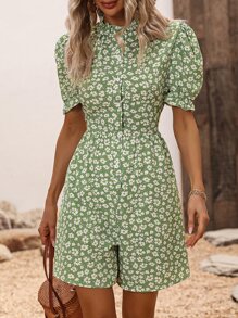 Breezaya Allover Floral Print Puff Sleeve Romper - Green - View 1