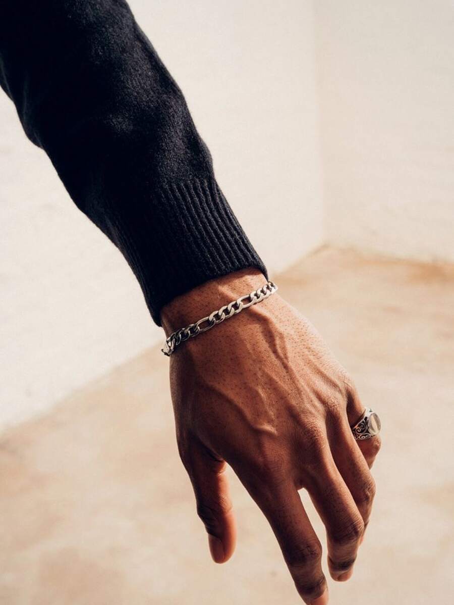 時尚流行1入組男士簡約鍊式手鍊，不銹鋼首飾，適合珠寶禮物和時尚外觀 - 銀色 - 查看 1