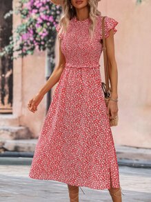 SHEIN VCAY Vestido con estampado floral ribete con fruncido - Rojo - Ver 1