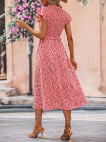 SHEIN VCAY Vestido con estampado floral ribete con fruncido - Rojo - Ver 2