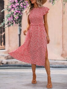 SHEIN VCAY Vestido con estampado floral ribete con fruncido - Rojo - Ver 5