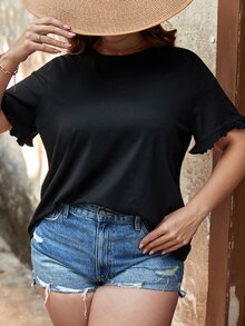 SHEIN LUNE Áo thun Plus size viền lá sen màu trơn Giải trí - màu đen - Xem 3