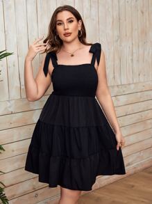 SHEIN Holidaya Vestido de tirantes de hombros con cordón bajo con fruncido - Negro - Ver 3