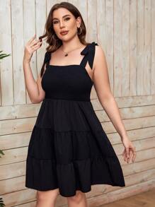 SHEIN Holidaya Vestido de tirantes de hombros con cordón bajo con fruncido - Negro - Ver 6