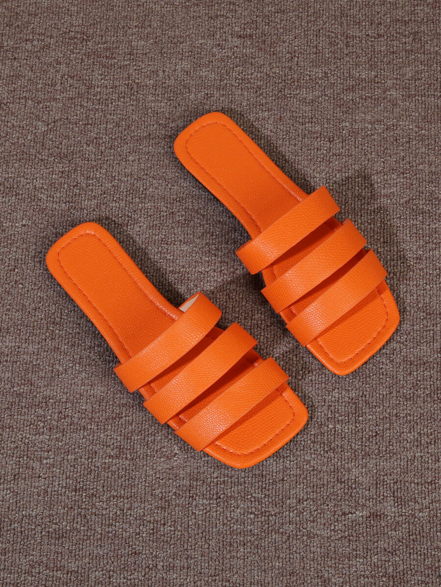 Funky Orange Sandals For Women, Snakeskin Embossed Triple Strap Slide Sandals - Orange - View 1