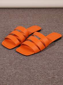 Funky Orange Sandals For Women, Snakeskin Embossed Triple Strap Slide Sandals - Orange - View 5