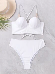 SHEIN Swim Textured Bikini Ba Lỗ Bộ Pha lê Sò điệp Áo yếm ôm sát ngực & Eo cao Đáy 2 mảnh Bộ đồ tắm - trắng - Xem 8