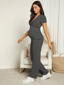 SHEIN Maternity Striped Print Twist Front Tee & Adjustable Waist Trousers - Black and White - View 6