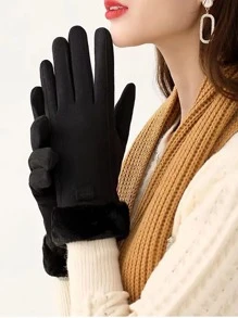 1pair Women's Deerskin Plush Cuff Touch Screen Driving Gloves, Winter