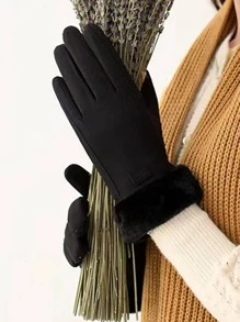 1pair Women's Deerskin Plush Cuff Touch Screen Driving Gloves, Winter