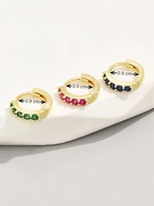 3入組方晶鋯石裝飾圓耳環 - 金黃色 - 查看 5