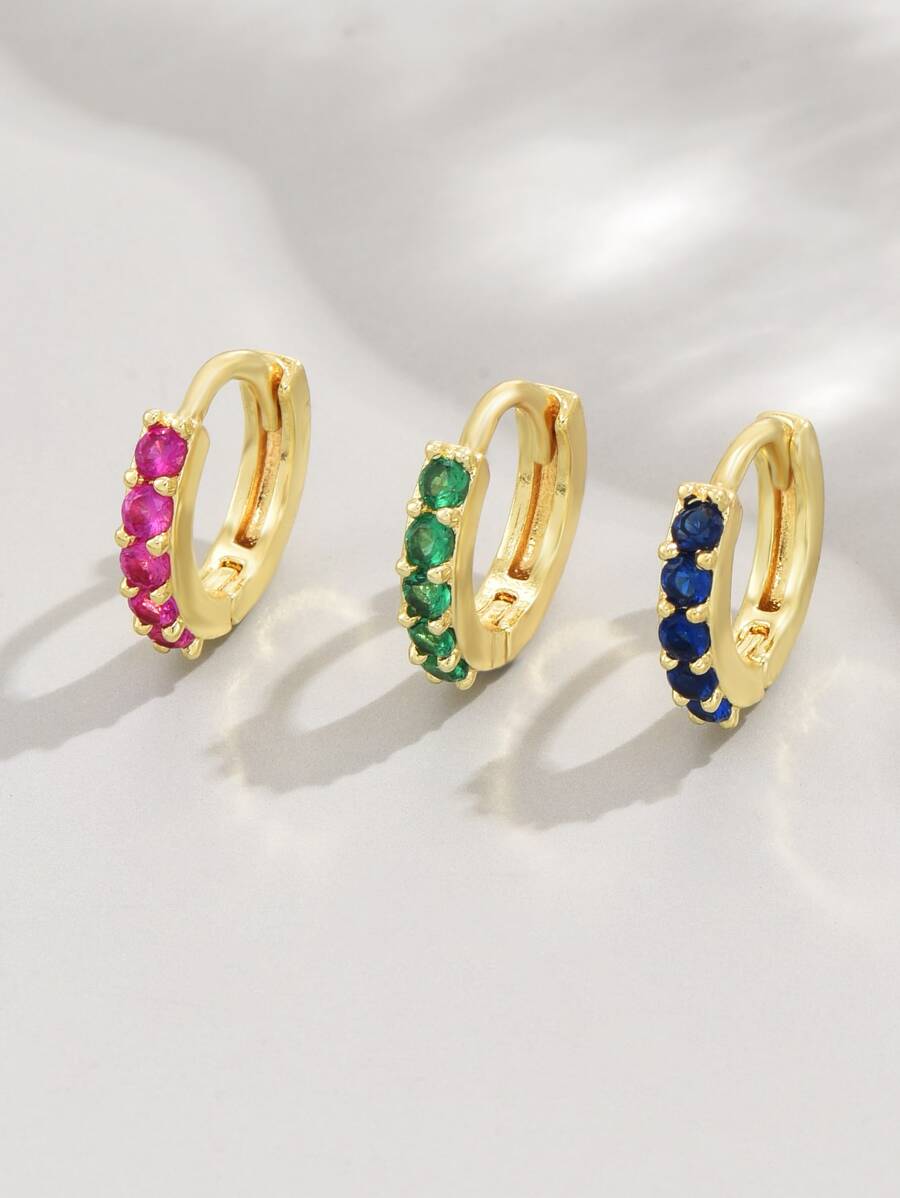 3入組方晶鋯石裝飾圓耳環 - 金黃色 - 查看 1