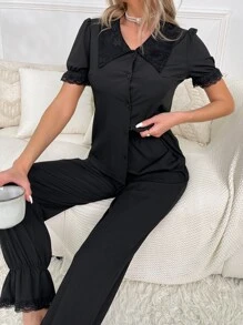 Bộ đồ ngủ Nữ Tương phản ren Viên lá sen Nút phía trước màu trơn Giải trí - màu đen - Xem 3