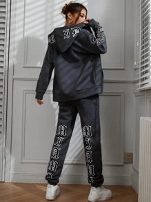 SHEIN Unity Pantalones deportivos con capucha con estampado de letra de hombros caídos - Gris Oscuro - Ver 4