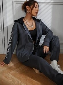 SHEIN Unity Pantalones deportivos con capucha con estampado de letra de hombros caídos - Gris Oscuro - Ver 5