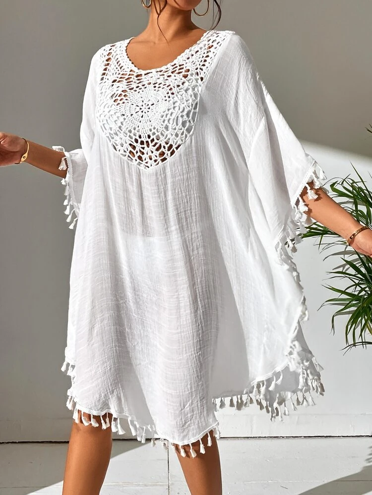 Tassel Trim Crochet Detail Cover Up Dress,Summer Beach