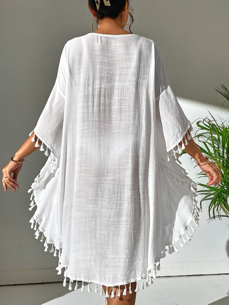 Tassel Trim Crochet Detail Cover Up Dress,Summer Beach