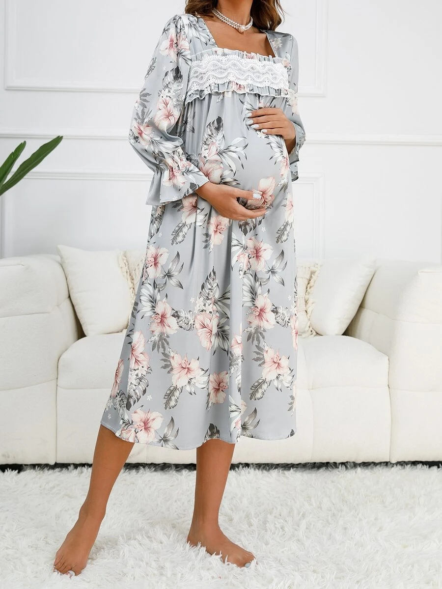 SHEIN 孕婦印花蕾絲拼接荷葉袖休閒服連衣裙 - 淺灰色 - 查看 1