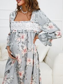 SHEIN 孕婦印花蕾絲拼接荷葉袖休閒服連衣裙 - 淺灰色 - 查看 3