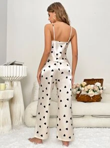 Heart Print Lace Trim Satin PJ Set - Champagne - View 2