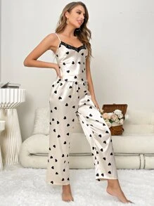 Heart Print Lace Trim Satin PJ Set - Champagne - View 3