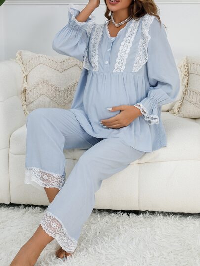 Moonlight & Mama Ensemble pyjama avec haut à manches à volants en dentelle contrastée et bas à ourlet à volants pour mère, vêtements d'automne et d'hiver