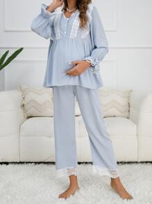 SHEIN Conjunto de pijama de top con volantes en mangas y bajo y pantalones para madre, ropa de otoño e invierno