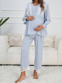 SHEIN Conjunto de pijama de top con volantes en mangas y bajo y pantalones para madre, ropa de otoño e invierno