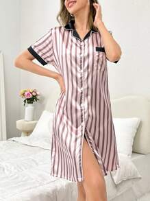 Striped Contrast Binding Lapel Neck Satin Night Dress - Multicolor - View 3