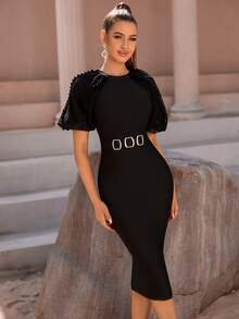 Đầm Thắt lưng Tương phản Mesh viền lá sen Dây kéo màu trơn Thanh lịch - màu đen - Xem 4